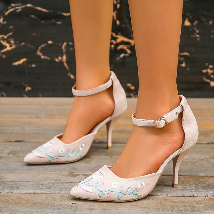 Broderi Spisse Tå Stiletthæl Floral Tynne Sko