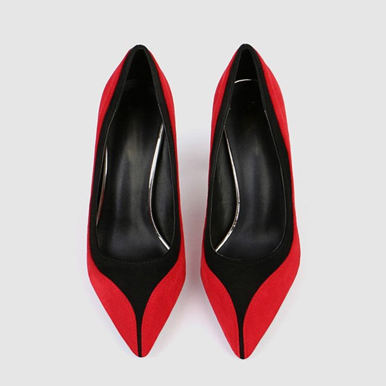 Faux Suede Color Block Slip-On Spiss Tå Stiletthæl Kvinners Pumps