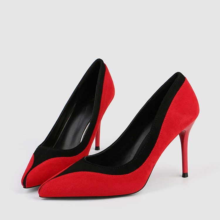Faux Suede Color Block Slip-On Spiss Tå Stiletthæl Kvinners Pumps