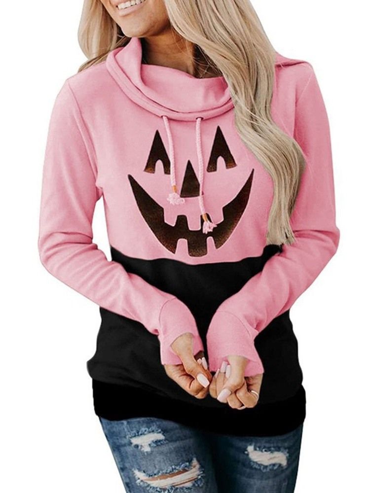 Halloween Print Cartoon Langermet Fleece-Hettegenser