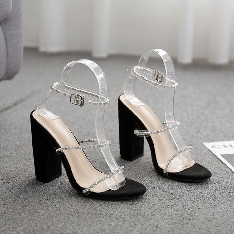 T-Formet Spenne Rund Tå Chunky Hæl Rhinestone Sandaler