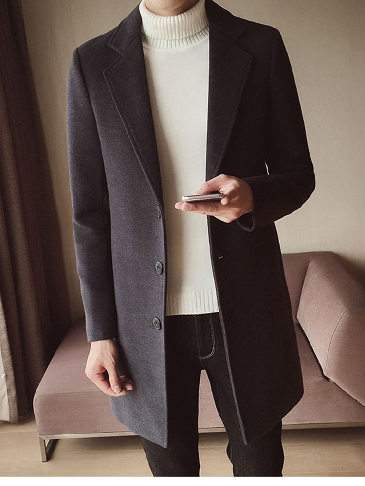 Lapel Button Mid-Length Vinter Single-Breasted Herrefrakk