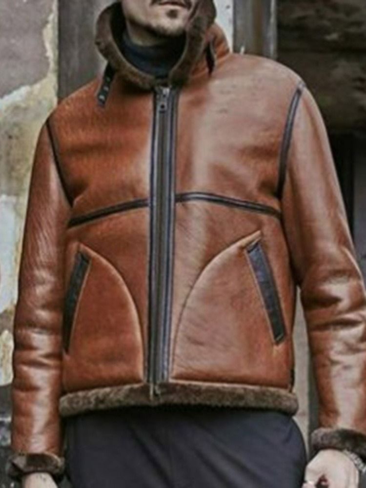 Fleece Color Block Lapel Fashion Høstjakke