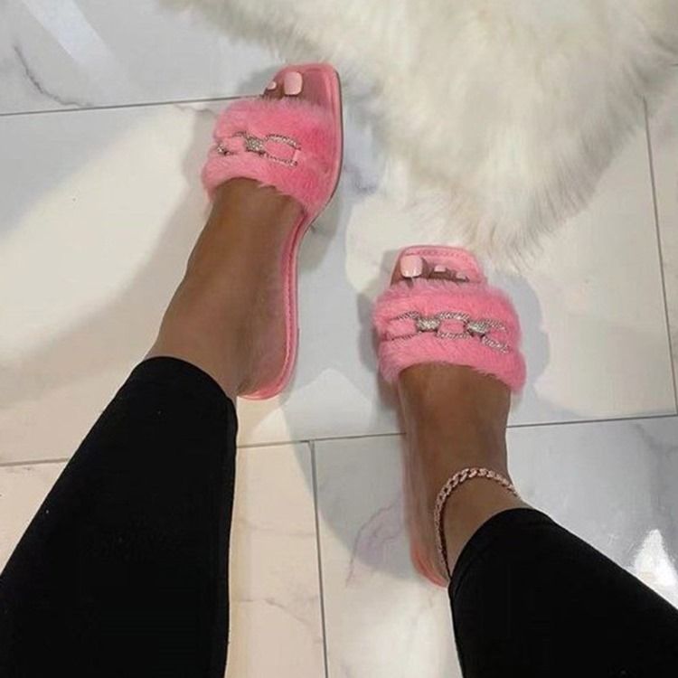Fuzzy Slip-On Flat Med Flip Flop Imitert Pels Vanlige Tøfler