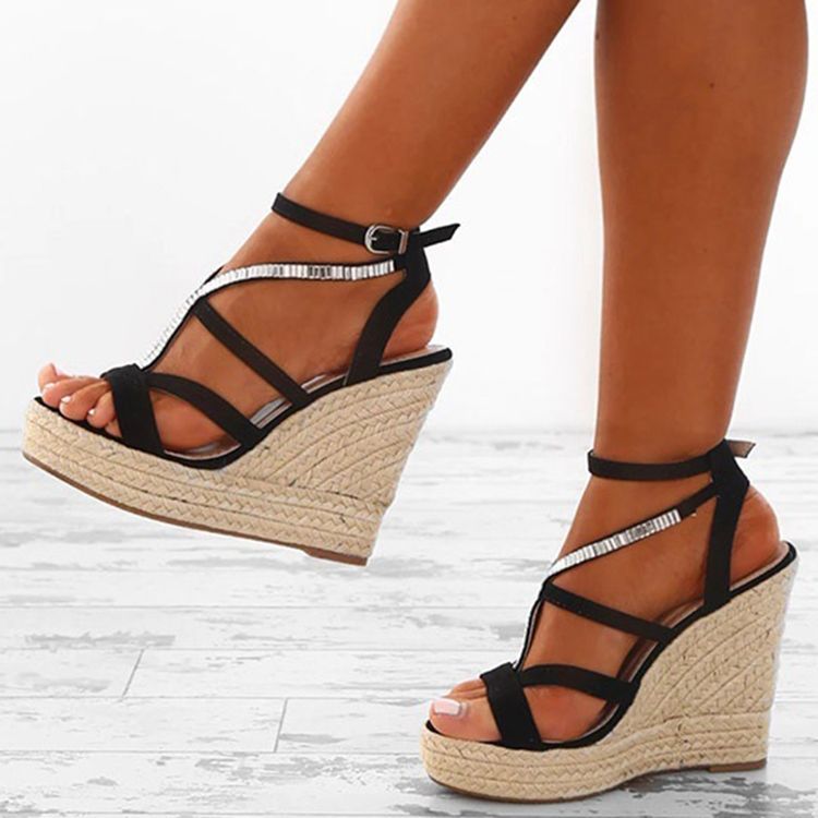Rhinestone Woven Platform Strappy Kilehæl Espadrillesandaler