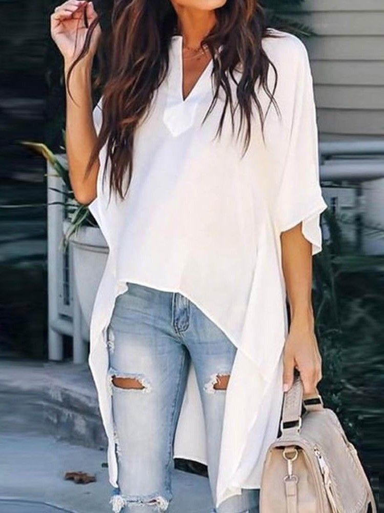 Asymmetrisk V-Hals Bluse Med Vanlig Halverm