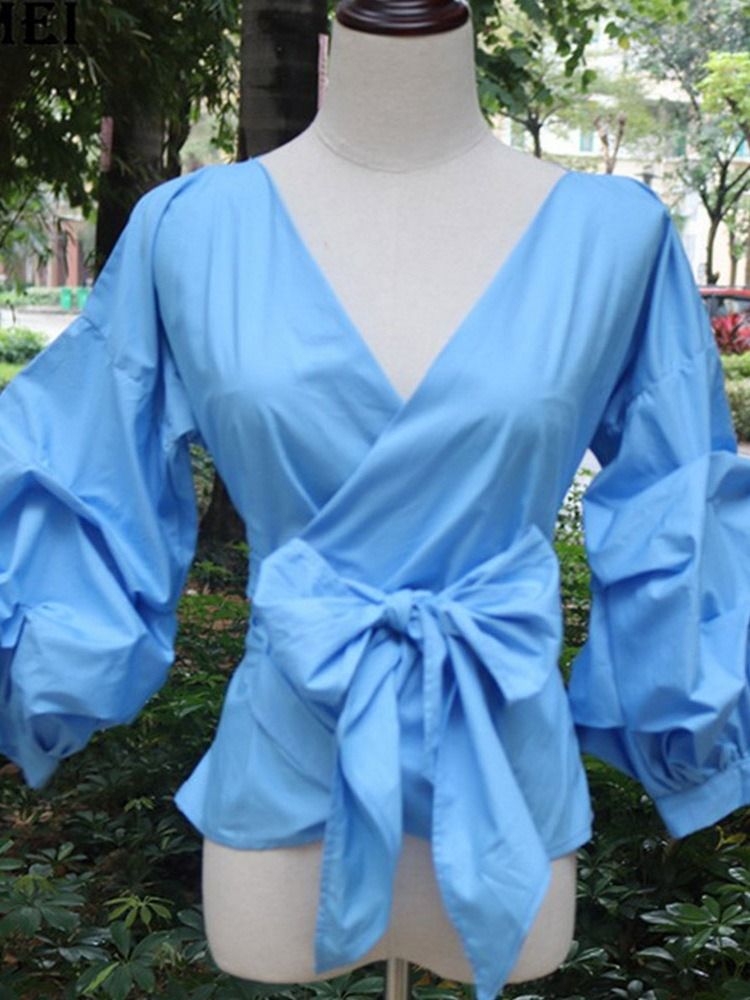 Bowknot V-Hals Vanlig Standard Langermet Bluse