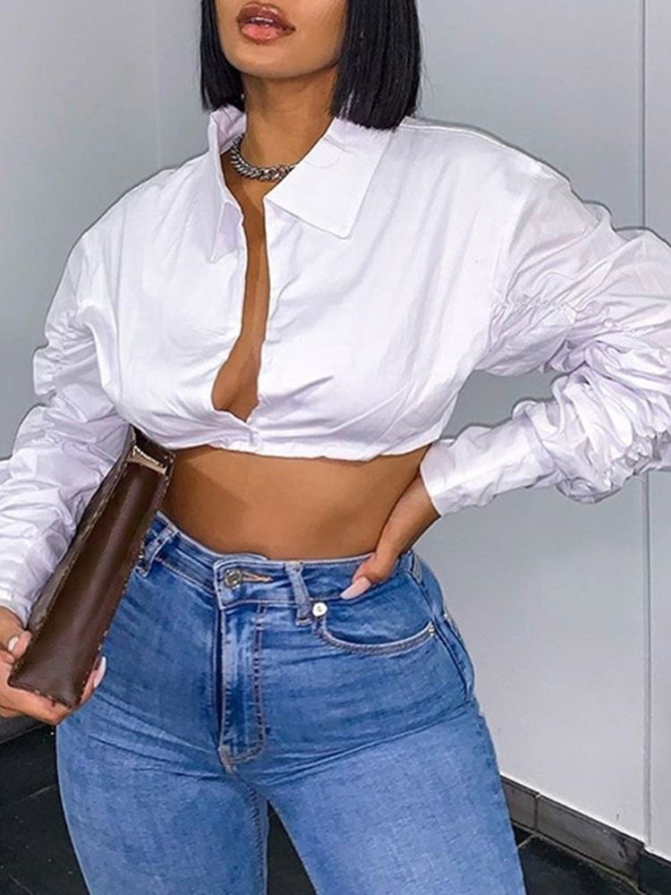 Button Lapel Vanlig Langermet Kort Bluse