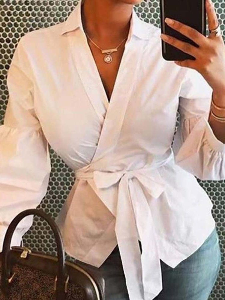 Lantern Sleeve Lapel Vanlig Langermet Standard Bluse