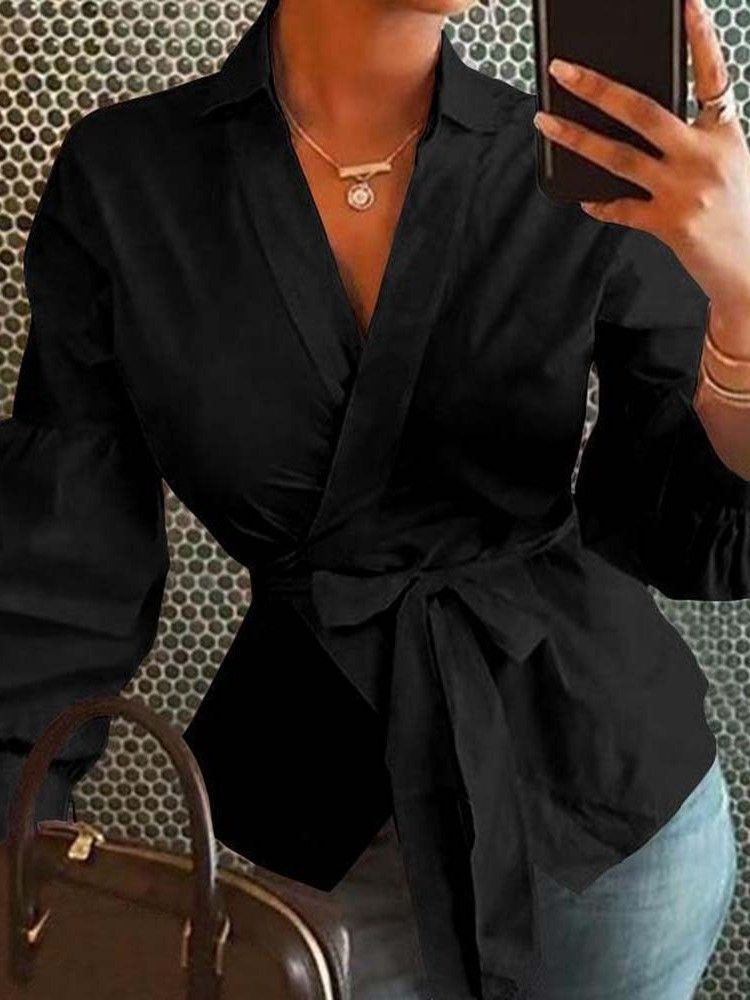 Lantern Sleeve Lapel Vanlig Langermet Standard Bluse