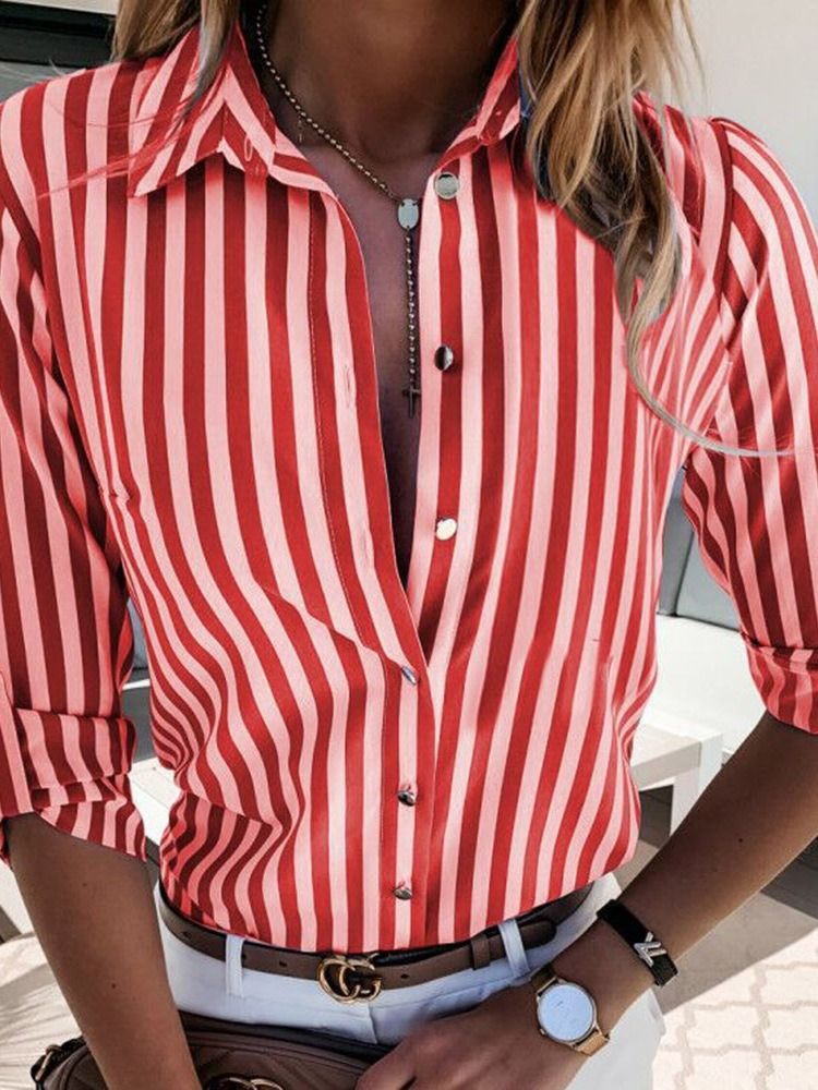 Lapel Stripe Button Langermet Standard Bluse For Kvinner