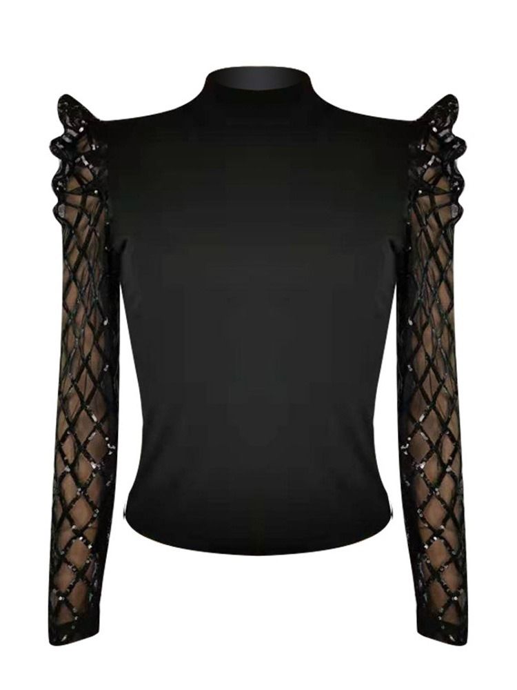 Paljetter Turtleneck Puff Sleeve Langermet Standard Bluse