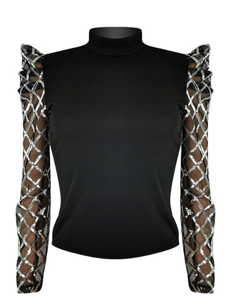 Paljetter Turtleneck Puff Sleeve Langermet Standard Bluse