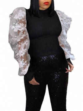 Patchwork Puff Sleeve Standard Langermet Bluse