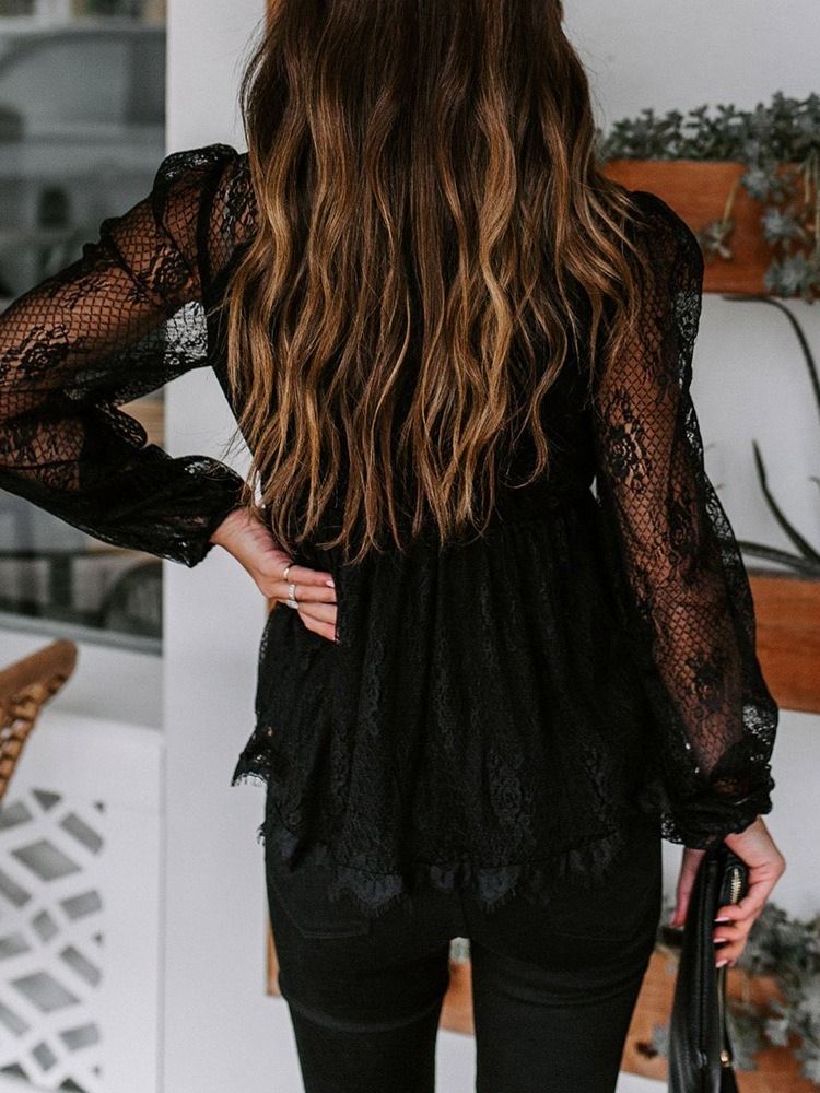 Patchwork V-Hals Vanlig Standard Langermet Bluse