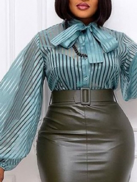 Stripe Lantern Sleeve Stand Collar Standard Langermet Bluse For Kvinner