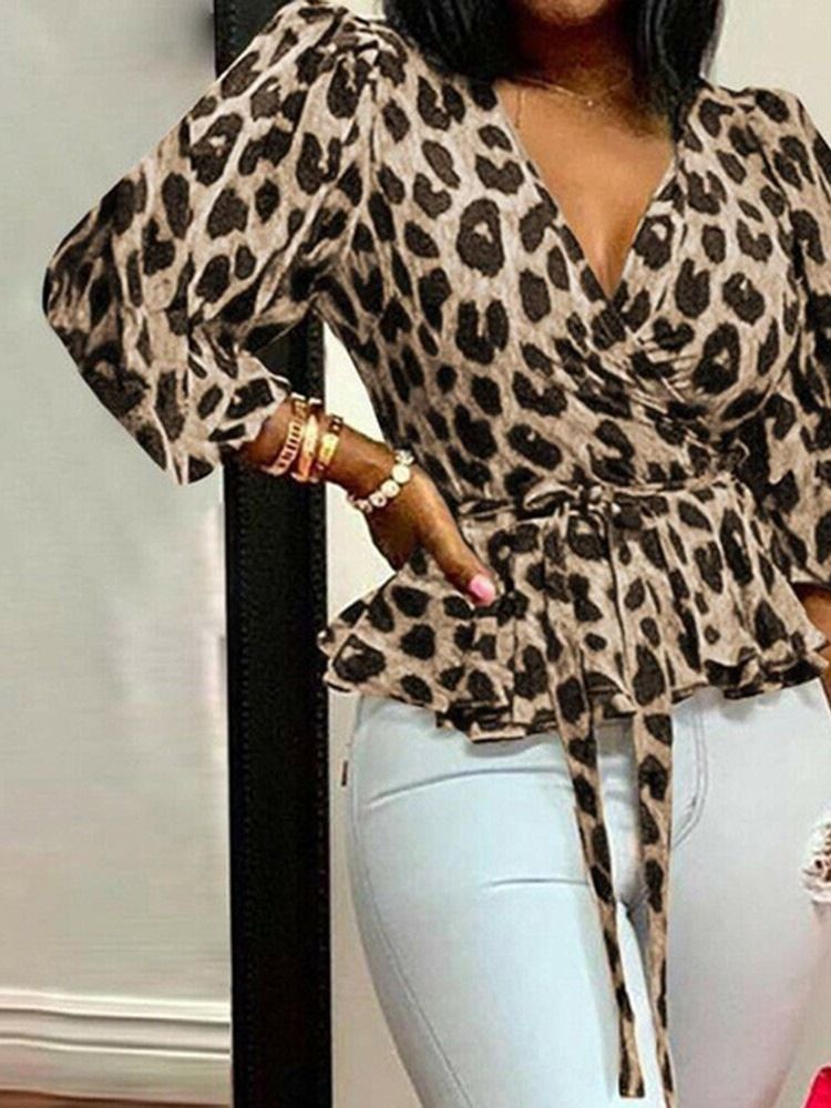 V-Hals Utskrift Vanlig Trekvartsermet Standard Bluse