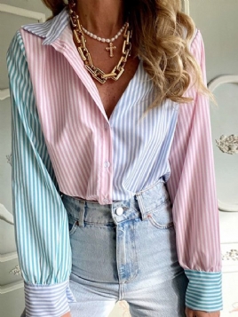 Vanlig Fargeblokkknapp Langermet Standard Stripe Bluse For Kvinner
