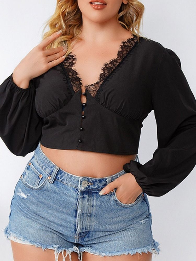 Vanlig V-Hals Blonder Med Kort Langermet Damebluse