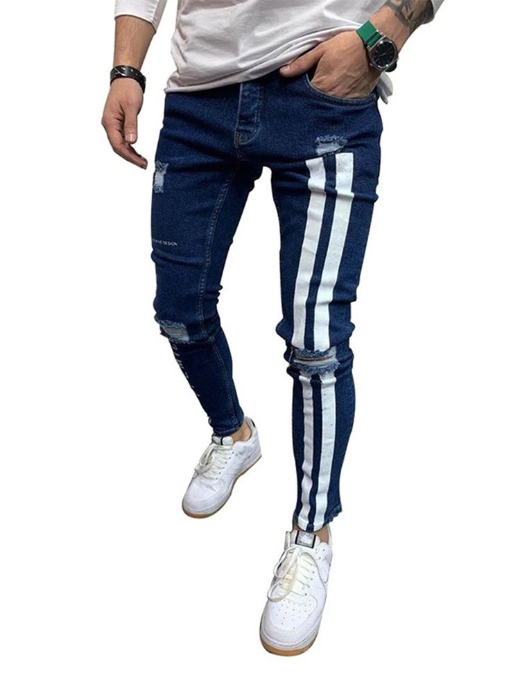 Blyantbukser Color Block Patchwork Mid Waist Europeiske Jeans For Menn