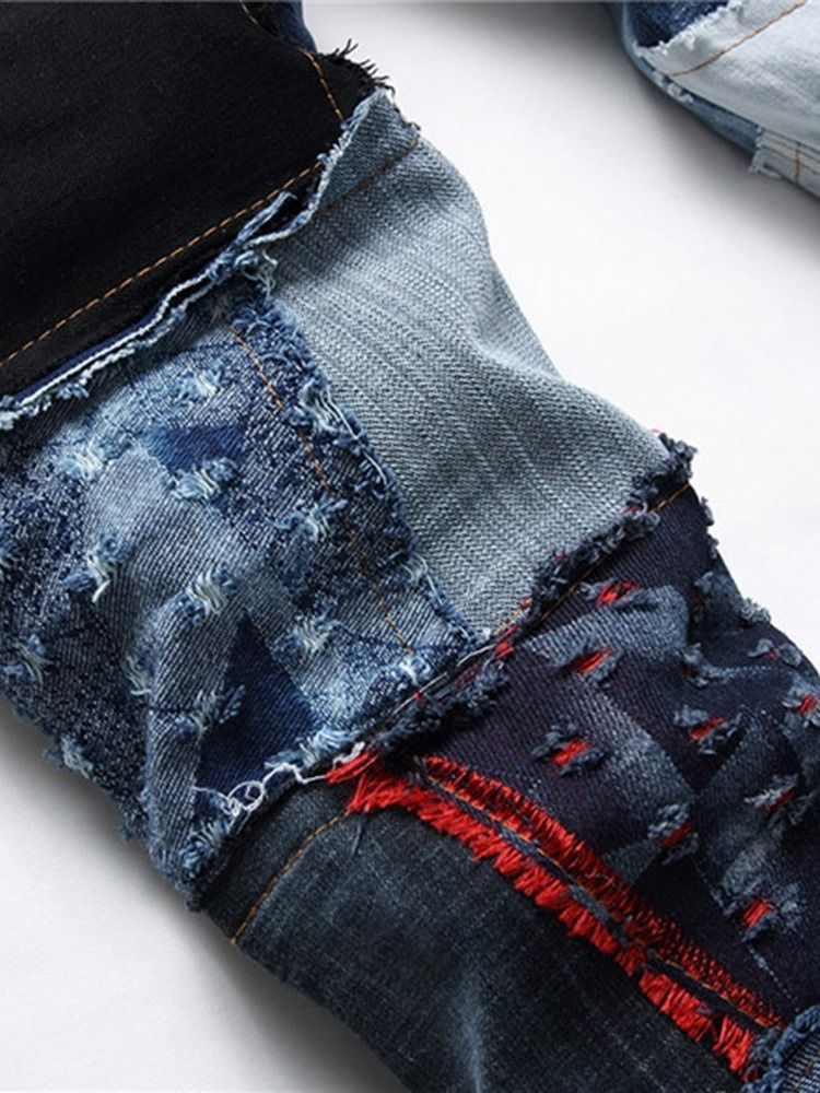 Straight Patchwork Color Block Jeans Med Midt Midje Knapp