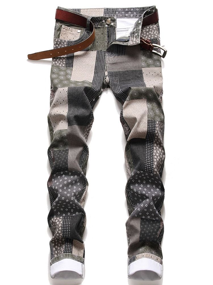 Straight Print Mid Waist Glidelås Jeans For Menn