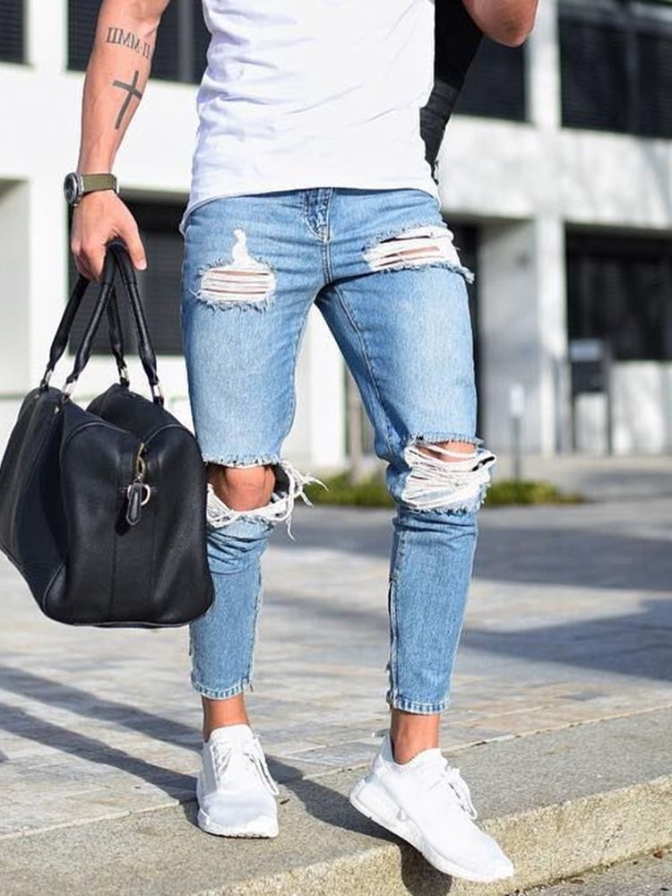 Vanlige Hull Blyantbukser Mid Waist Glidelås Menn Jeans