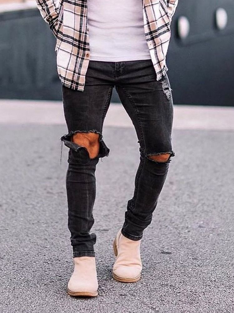 Vanlige Hull Blyantbukser Uformell Glidelås Mote Jeans