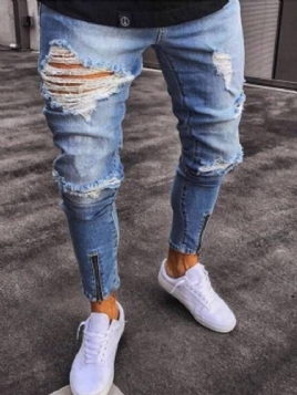 Vanlige Hull Mote Jeans Med Glidelås For Menn