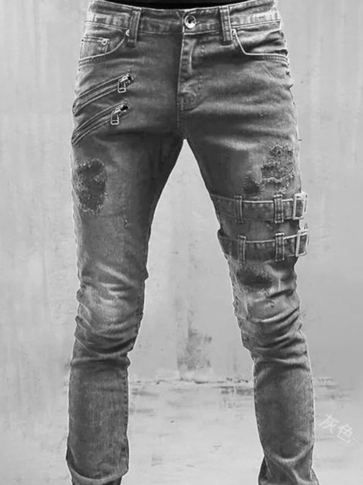 Vanlige Slitte Europeiske Jeans Med Mellom Midje