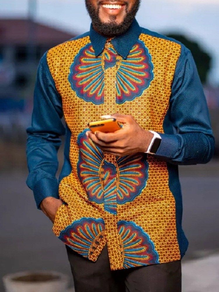 Afrikansk Etnisk Stil Jakkeslagsknapp Single-Breasted Slim Skjorte