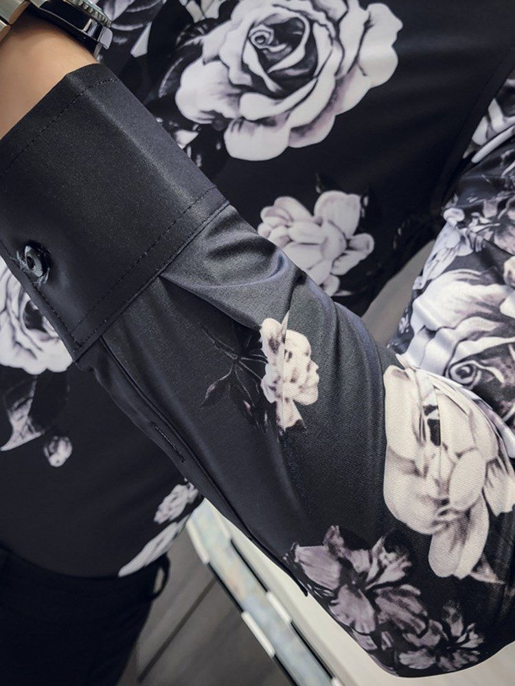 Blomstertrykk Fargeblokk For Menn Slanke Uformelle Festskjorter