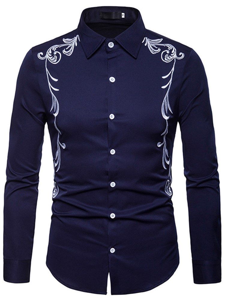 Broderitrykt Slim Button Up Menns Fritidsskjorter