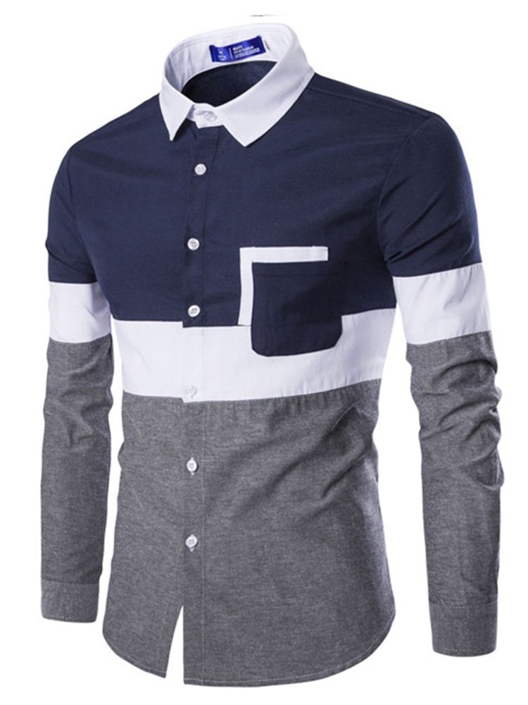 Color Block Patchwork Slim Skjorte For Menn