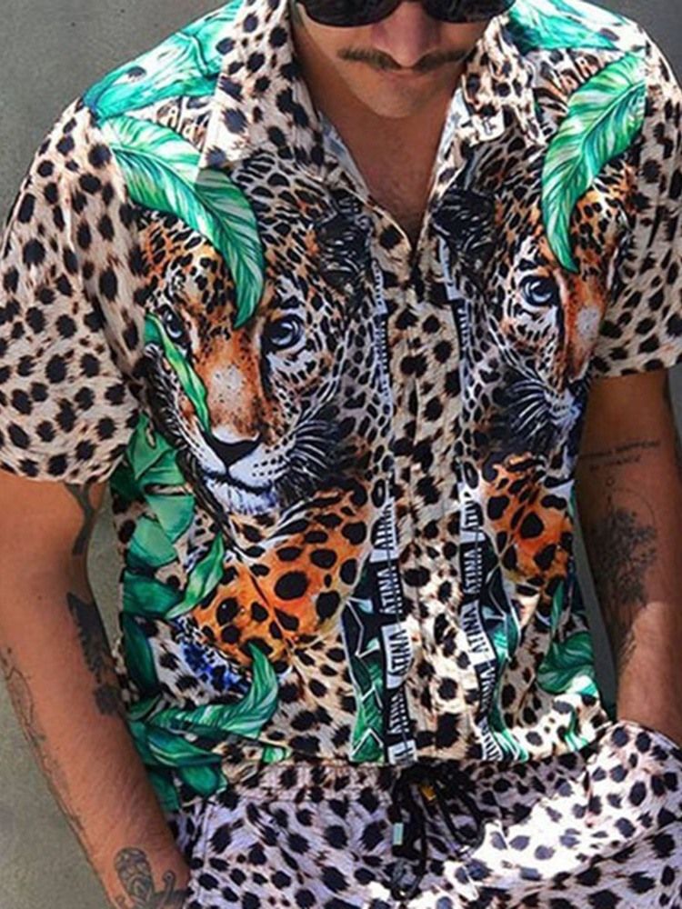 Lapel Leopardprint Slank Skjorte For Menn