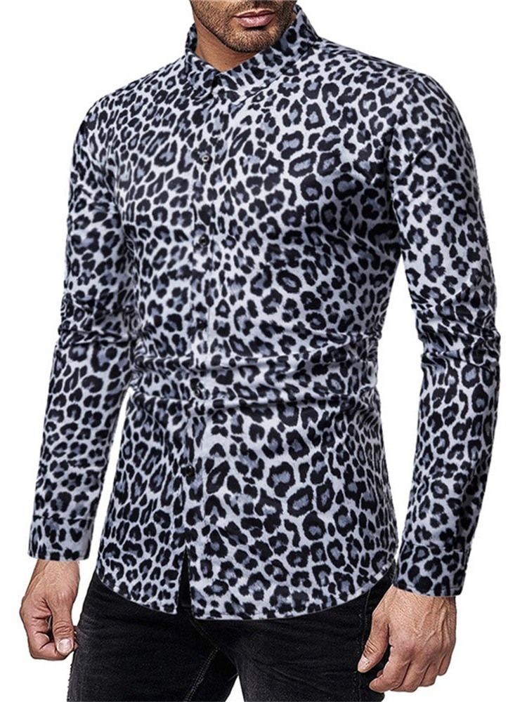 Leopard Enkelt-Breasted Herreskjorte Med Uformelt Trykk