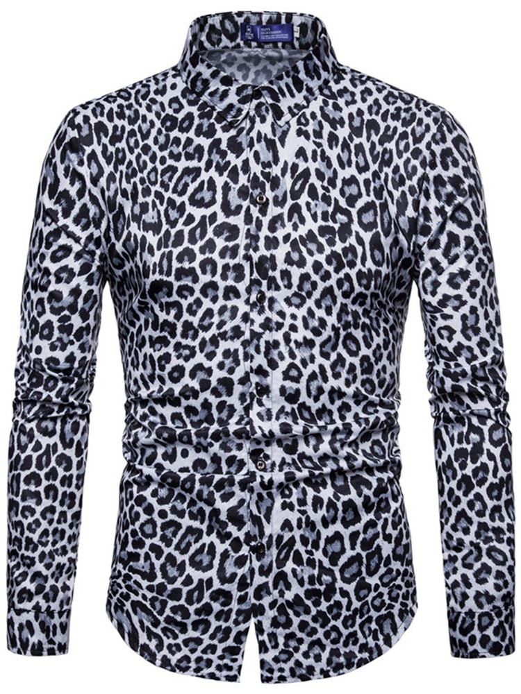 Leopardtrykt Jakkeslag Slanke Fritidsskjorter For Menn