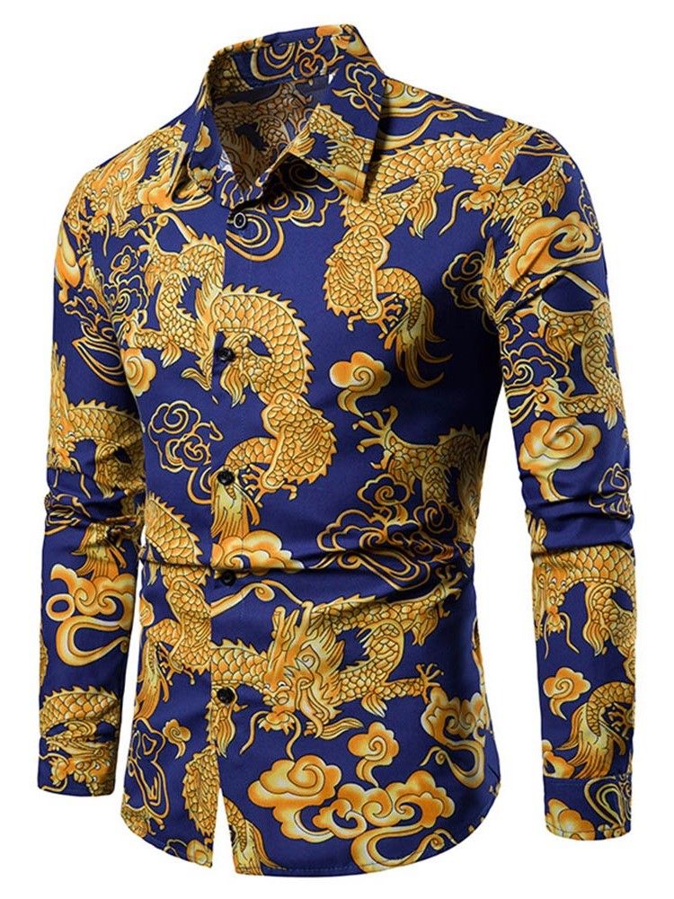Print European Lapel Single-Breasted Herreskjorte