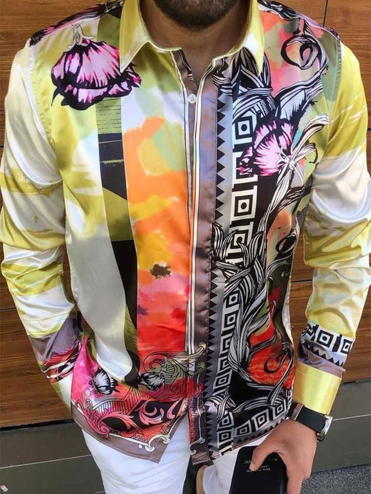 Print Lapel Color Block Sommer Single-Breasted Skjorte