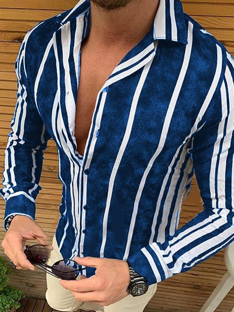 Uformell Jakkeslag Stripe Single-Breasted Slim Skjorte For Menn