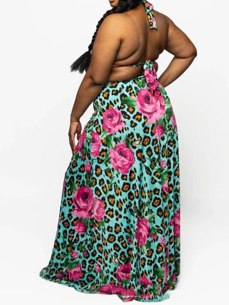 Delt Gulv-Lengde Scoop Floral Plus Size-Kjole