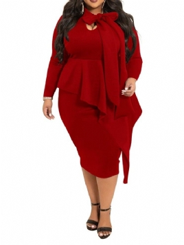 Falbala Langermet Mid-Calf Office Lady Plain Plus Size Kjole