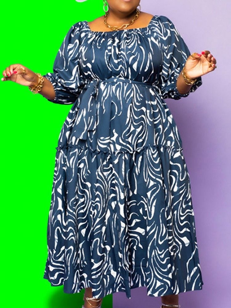 Firkantet Hals Ni Poengs Erme Gulvlang Genser Color Block Maxi Kjole Plus Size
