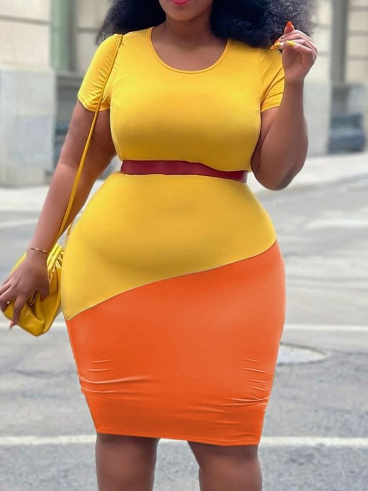 Knelang Rund Hals Kortermet Bodycon Office Lady Kjole Plus Size