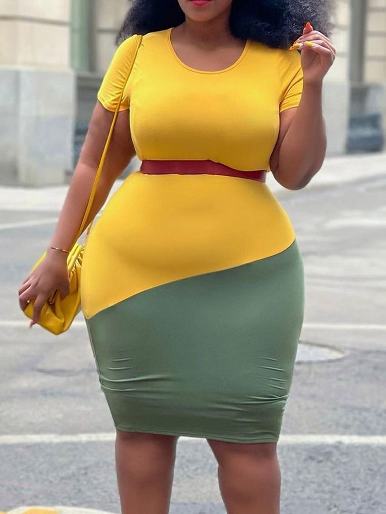 Knelang Rund Hals Kortermet Bodycon Office Lady Kjole Plus Size