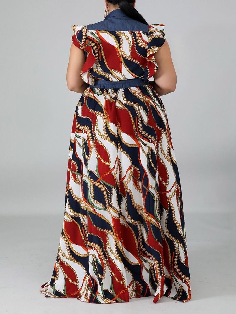 Lapel Lace-Up Kortermet High Waist Office Lady Plus Size Dress