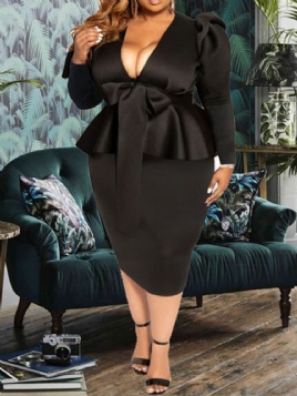 Plus Size Bowknot V-Hals Langermet Kvinners Høy Midje Kjole