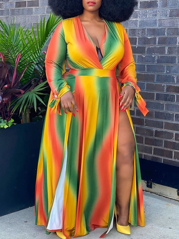 Plus Size Gulv-Lengde Langermet V-Hals Gradient A-Linje Kjole