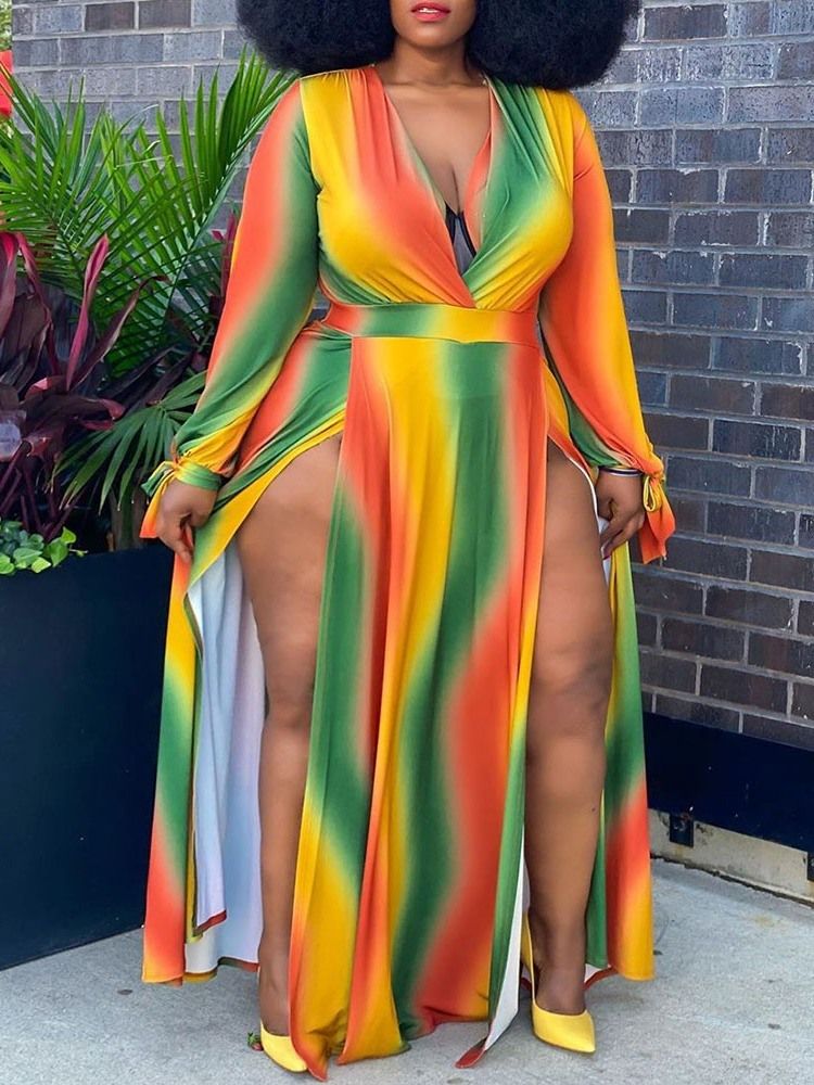 Plus Size Gulv-Lengde Langermet V-Hals Gradient A-Linje Kjole