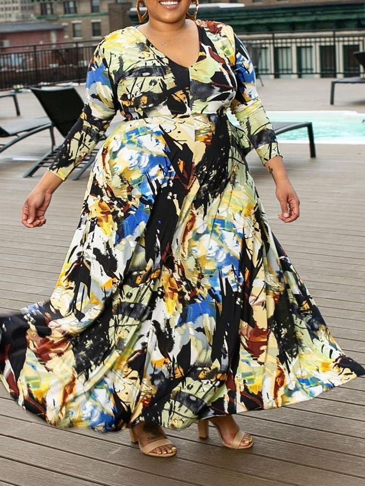 Plus Size Langermet Print V-Hals Vanlig Høstkjole